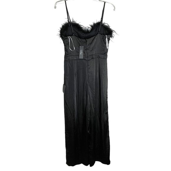 Lulu’s Black Feather Together Satin Wide Leg Jumpsuit Medium - Picture 5 of 16